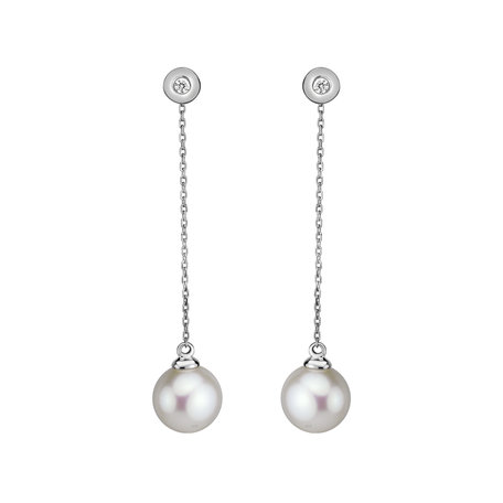 Náušnice s diamantom a bielou sladkovodnou perlou Pearl Fall