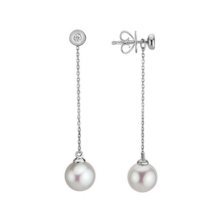 Náušnice s diamantom a bielou sladkovodnou perlou Pearl Fall