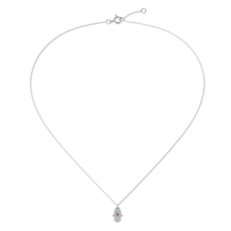 Náhrdelník s diamantmi a rubínom Hamsa